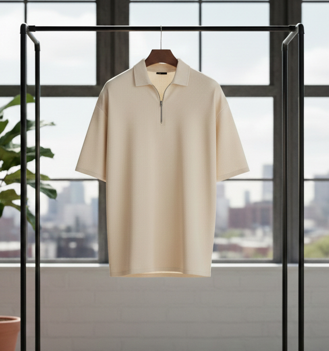 تیشرت مردانه یقه زیپ دار نسکافه ای مدل Arban