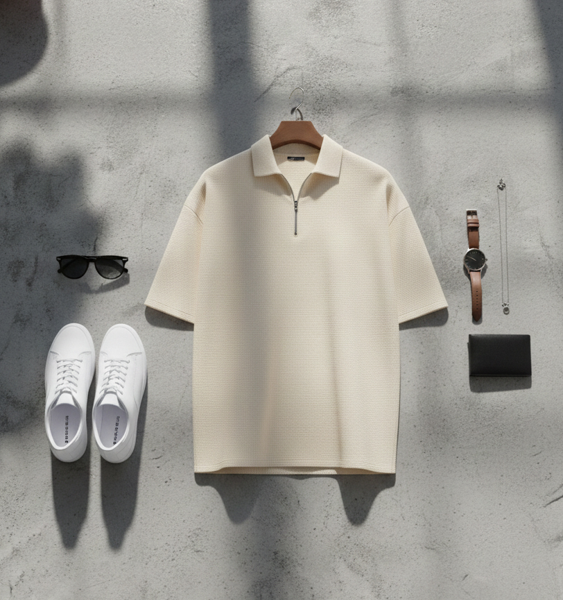 تیشرت مردانه یقه زیپ دار نسکافه ای مدل Arban