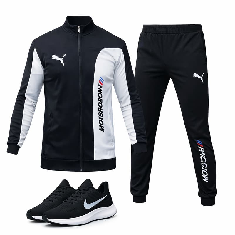 ست سوییشرت شلوار مردانه مشکی مدل MotorSport کفش ورزشی مردانه Nike مدل Tigo زیره سفید ویژه