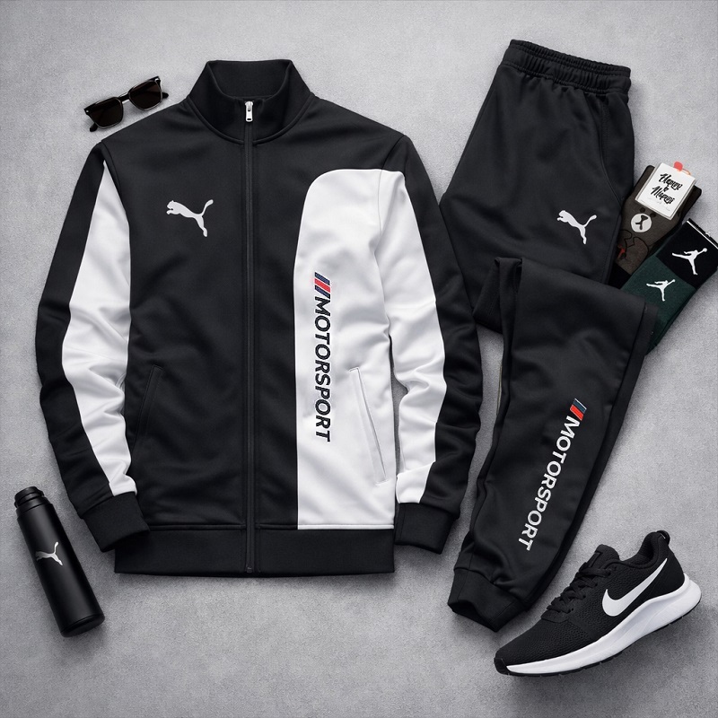 ست سوییشرت شلوار مردانه مشکی مدل MotorSport کفش ورزشی مردانه Nike مدل Tigo زیره سفید ویژه