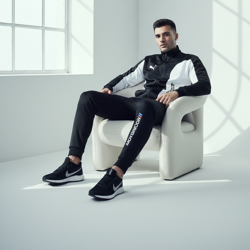 ست سوییشرت شلوار مردانه مشکی مدل MotorSport کفش ورزشی مردانه Nike مدل Tigo زیره سفید ویژه